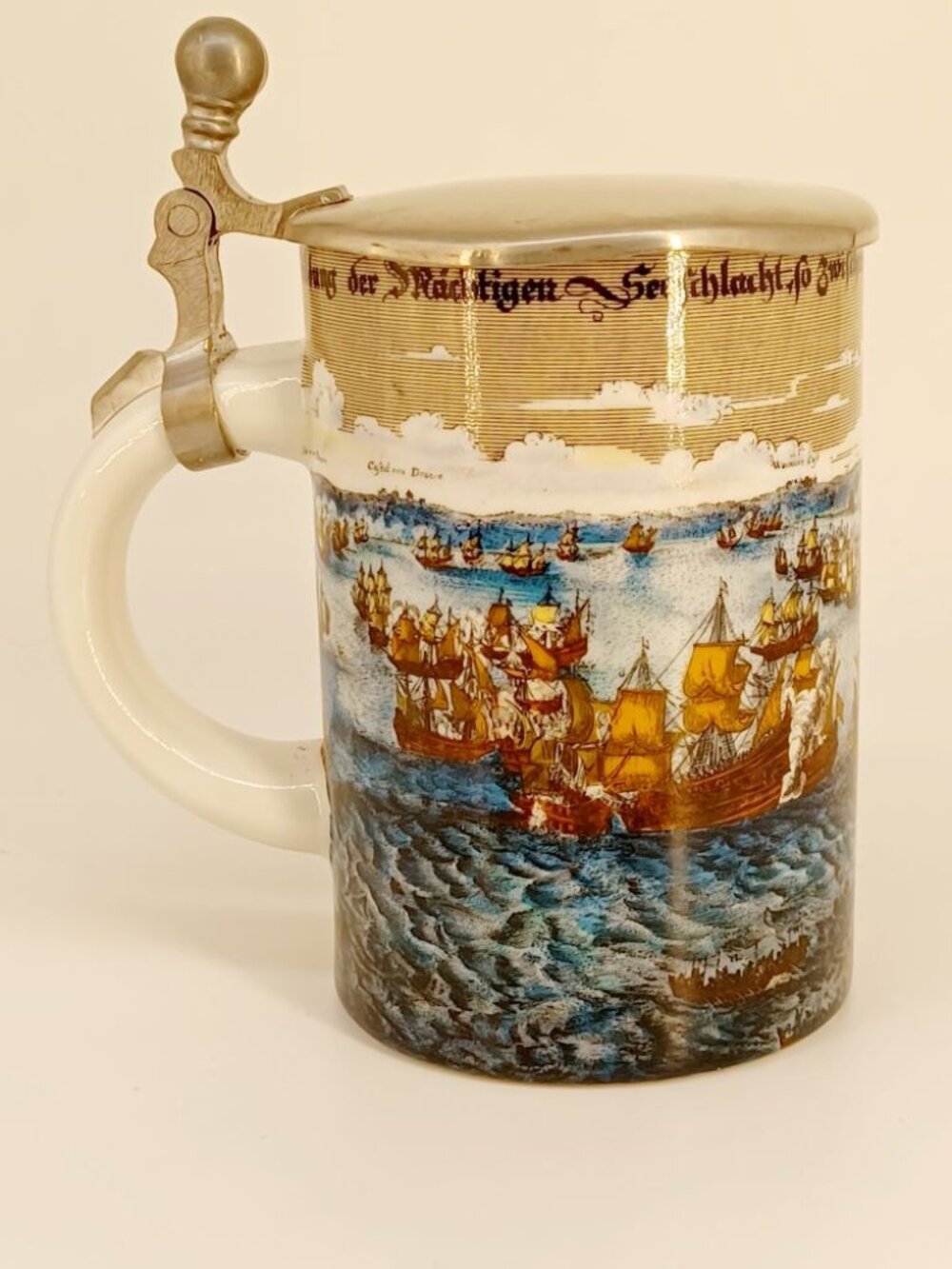 Vintage Beer Stein With Pewter Lid -  Sea Battle Involving the Spanish Armada